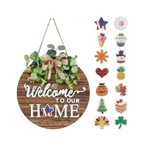 Wooden Interchangeable Welcome Hanging Sign With 20 Magnets